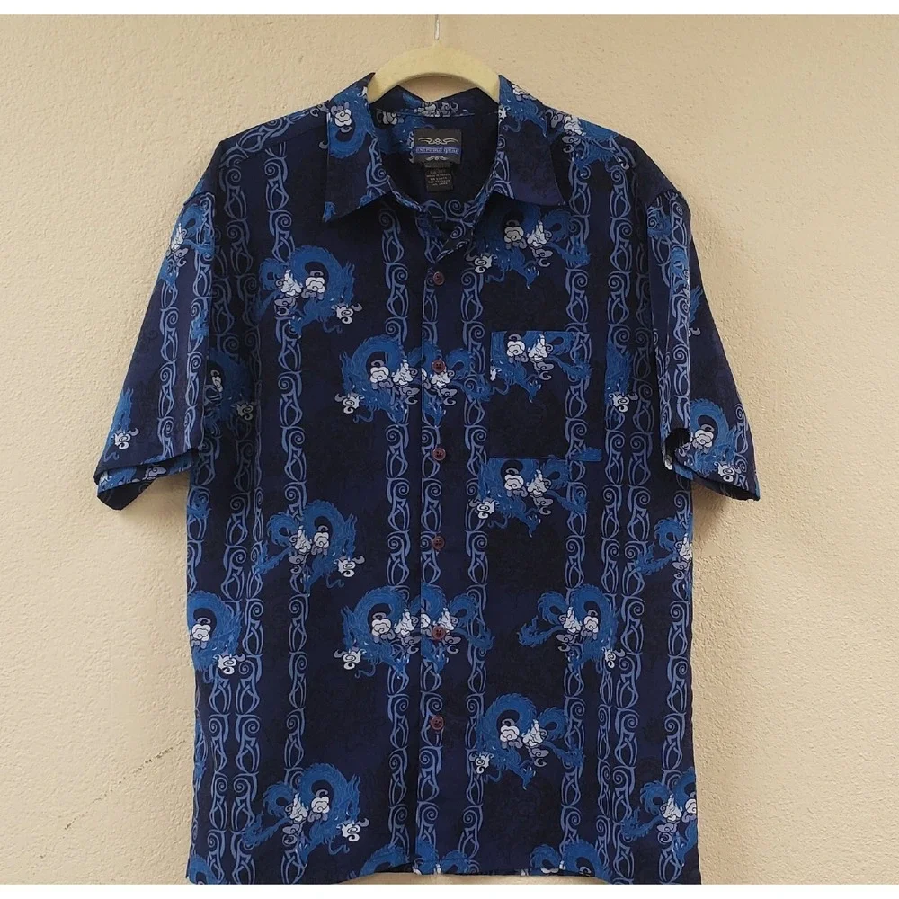 Extreme Gear Vintage Hawaiian Shirt Mens XL Blue Dragons Waves‎ Tribal Y2K Short